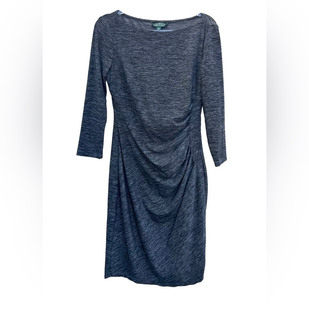 Lauren Ralph Lauren WOMENS MIDI Dress 4 Gray Ruched Long Sleeve Career Office